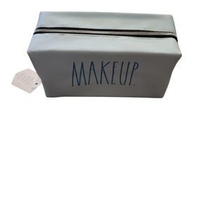 Rae Dunn White Cosmetic Pouch with Blue Text
